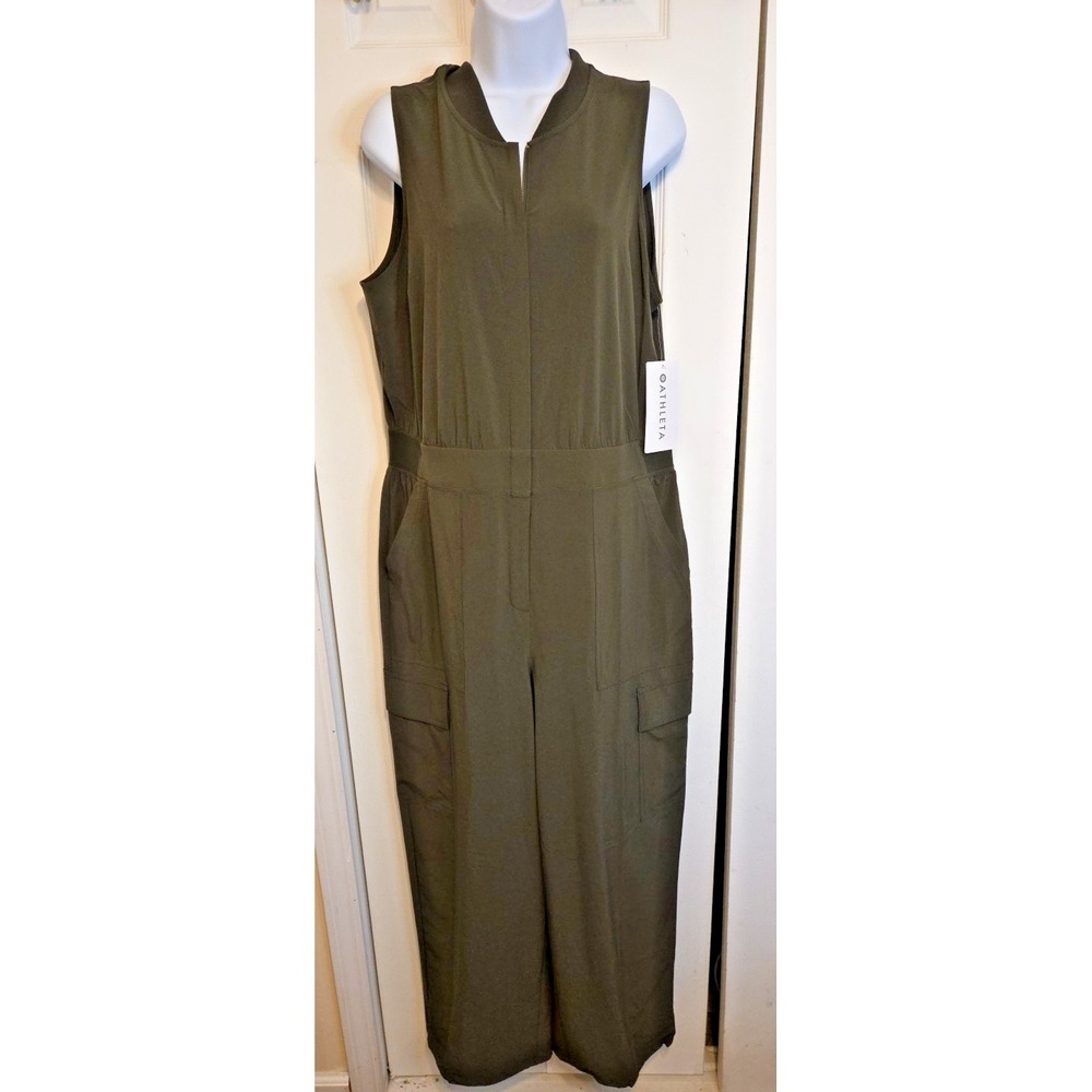 ATHLETA Brooklyn Utility Jumpsuit 14 Olive Green Cargo Stretch Athleisure NEW